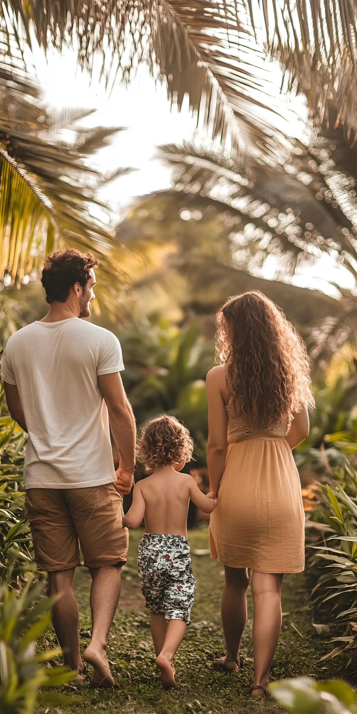 Familia caminando de la mano bajo las palmeras de un jardín tropical