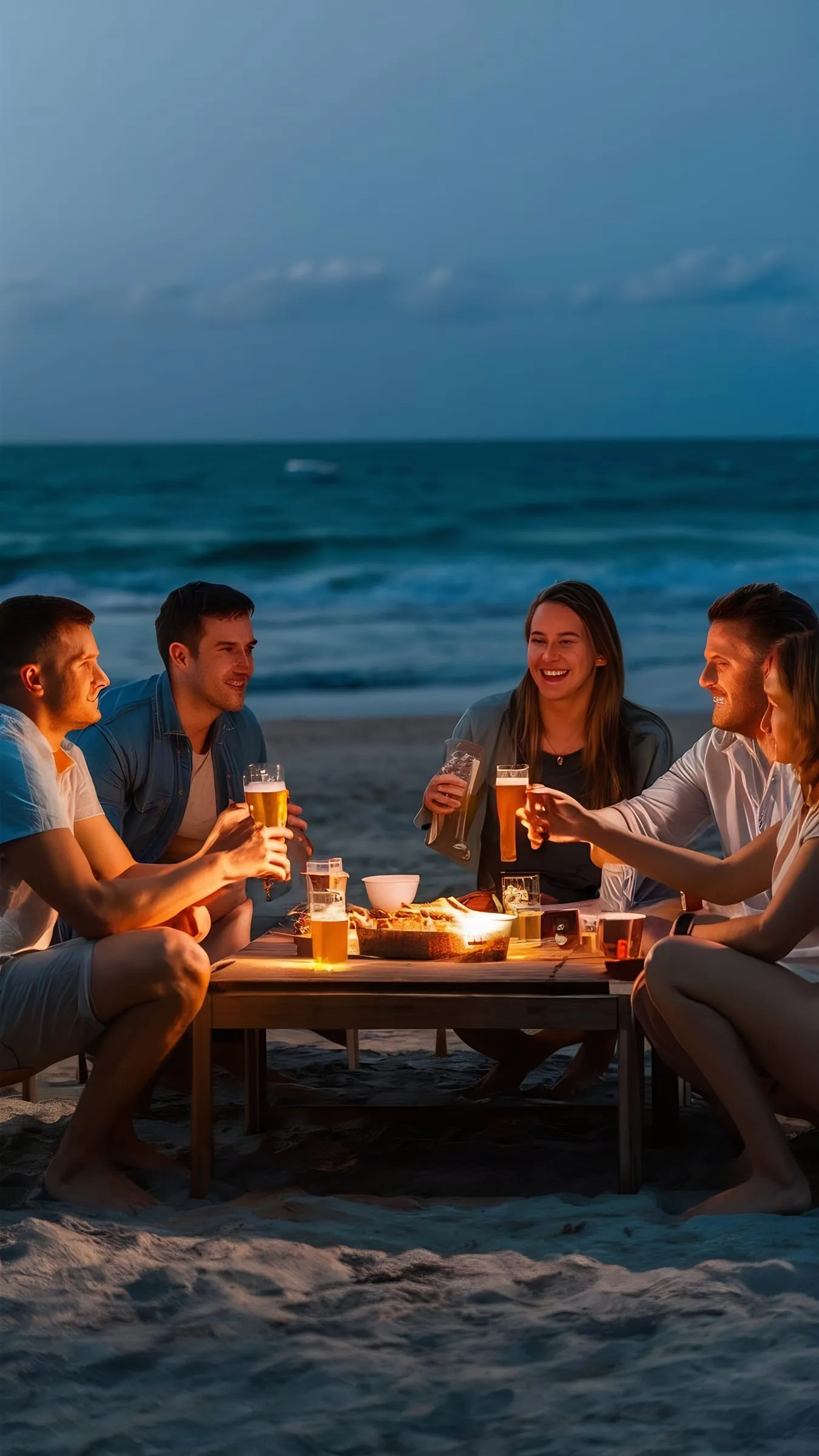 Grupo de amigos cenando y brindando frente al mar al anochecer